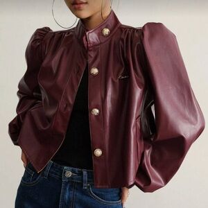 Burgundy Puff-Sleeve Faux Leather Cropped Jacket